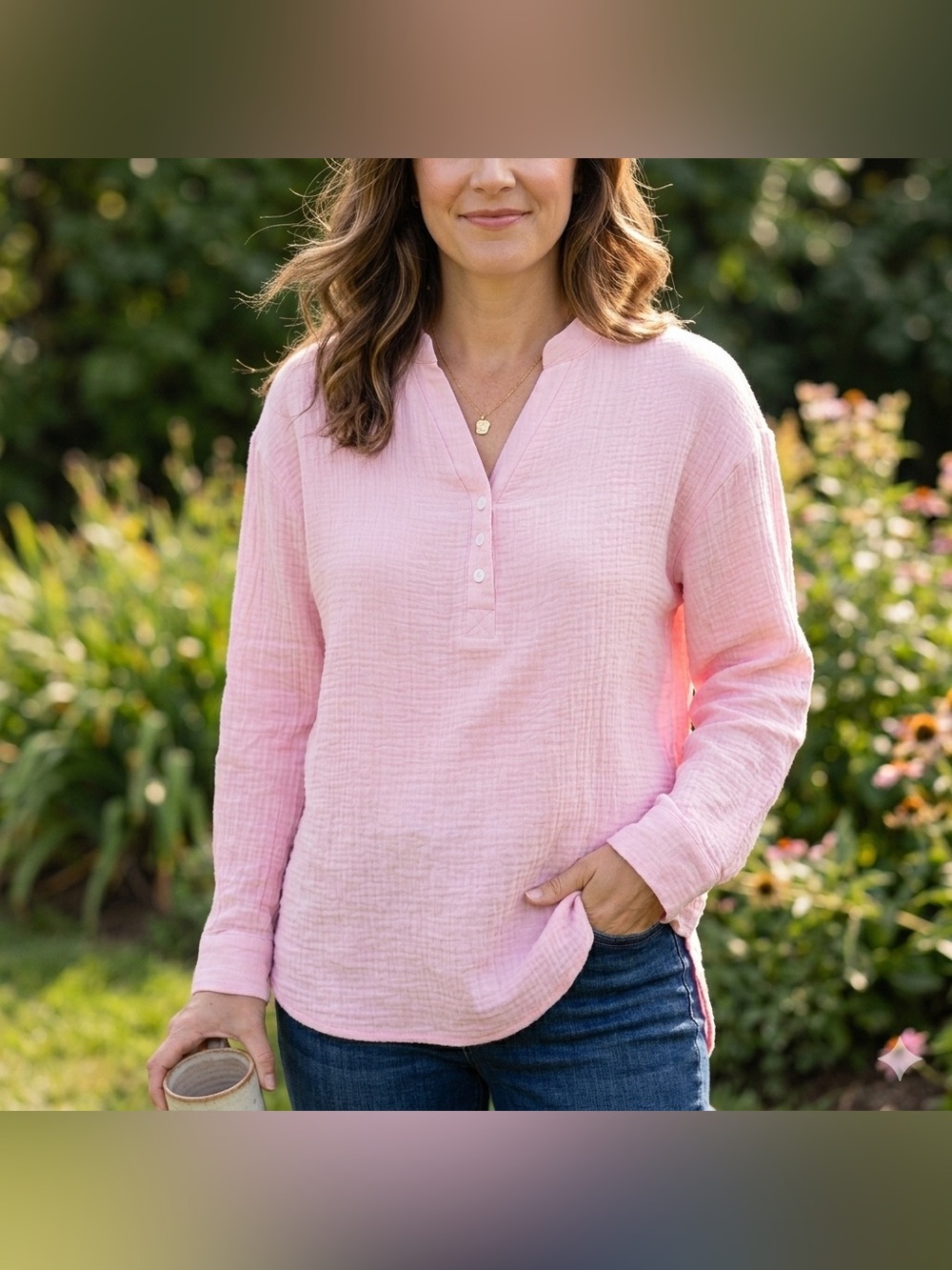 Boutique Pink 100% Cotton Gauze Relaxed Henley Blouse Top Small pastalaesthetic